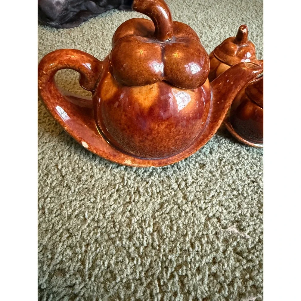 Vintage Brown Drip Glaze Pumpkin Tea Set Teapot and 4 Lidded Cups Fall Decor